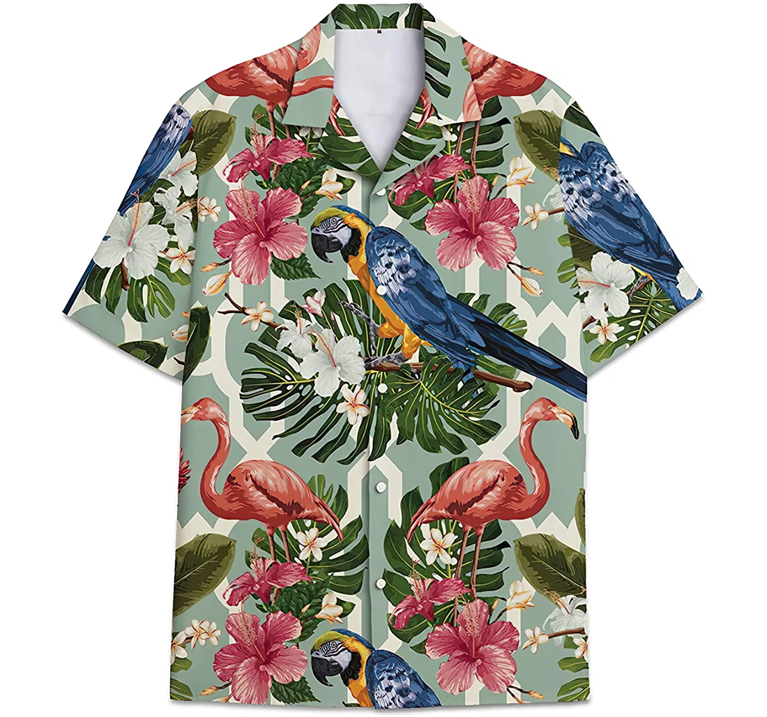 Personalized Flamingo Parrot Pattern Leaves Hawaiian Shirt, Button Up Aloha Shirt For Men, Women