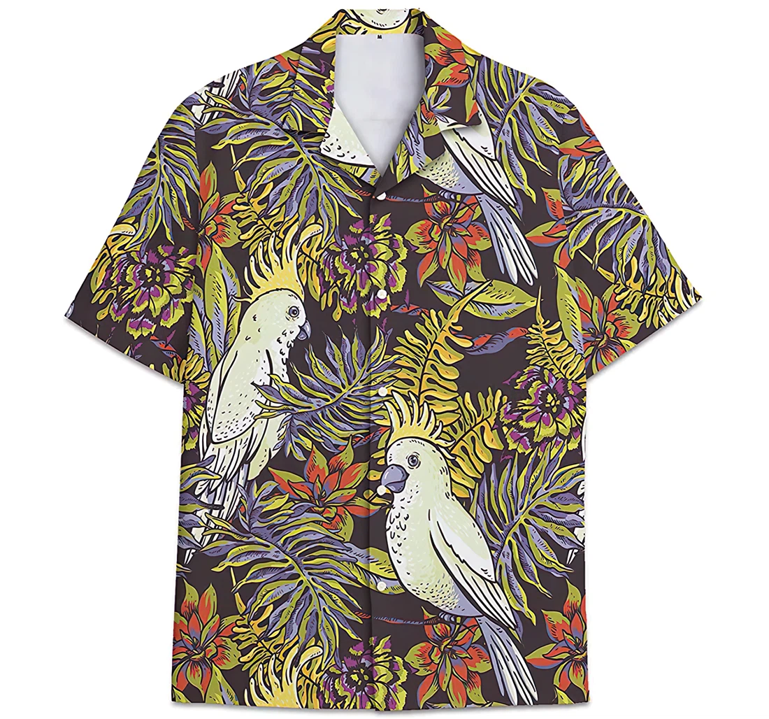 Personalized Parrot Pattern Colorful Leaves Hawaiian Shirt, Button Up Aloha Shirt For Men, Women