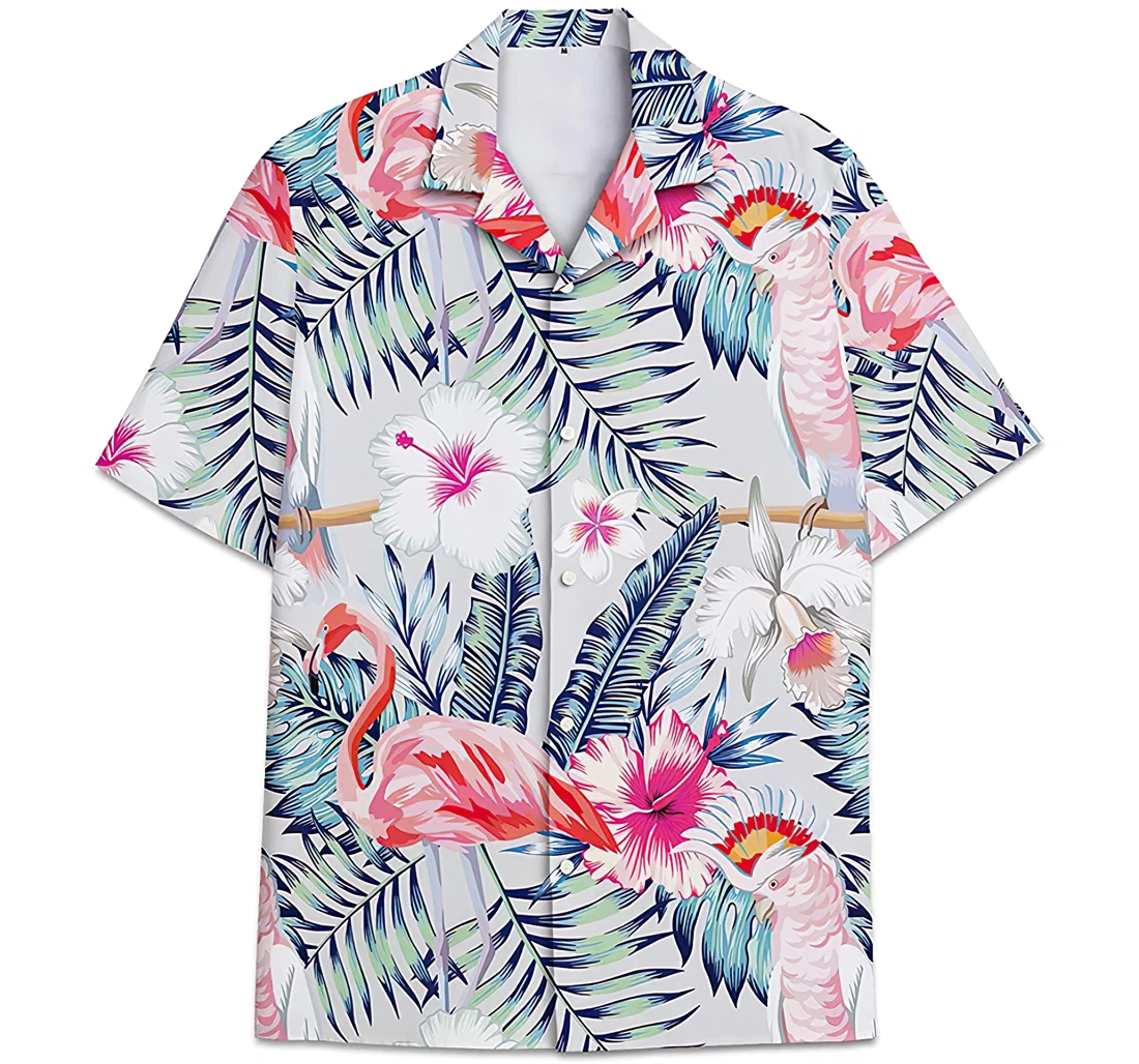 Flamingo Parrot Pattern Leaves Hawaiian Shirt, Button Up Aloha Shirt For Men, Women