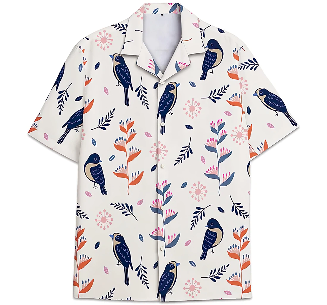 Personalized Bird Pattern Fern Leaves Hawaiian Shirt, Button Up Aloha Shirt For Men, Women