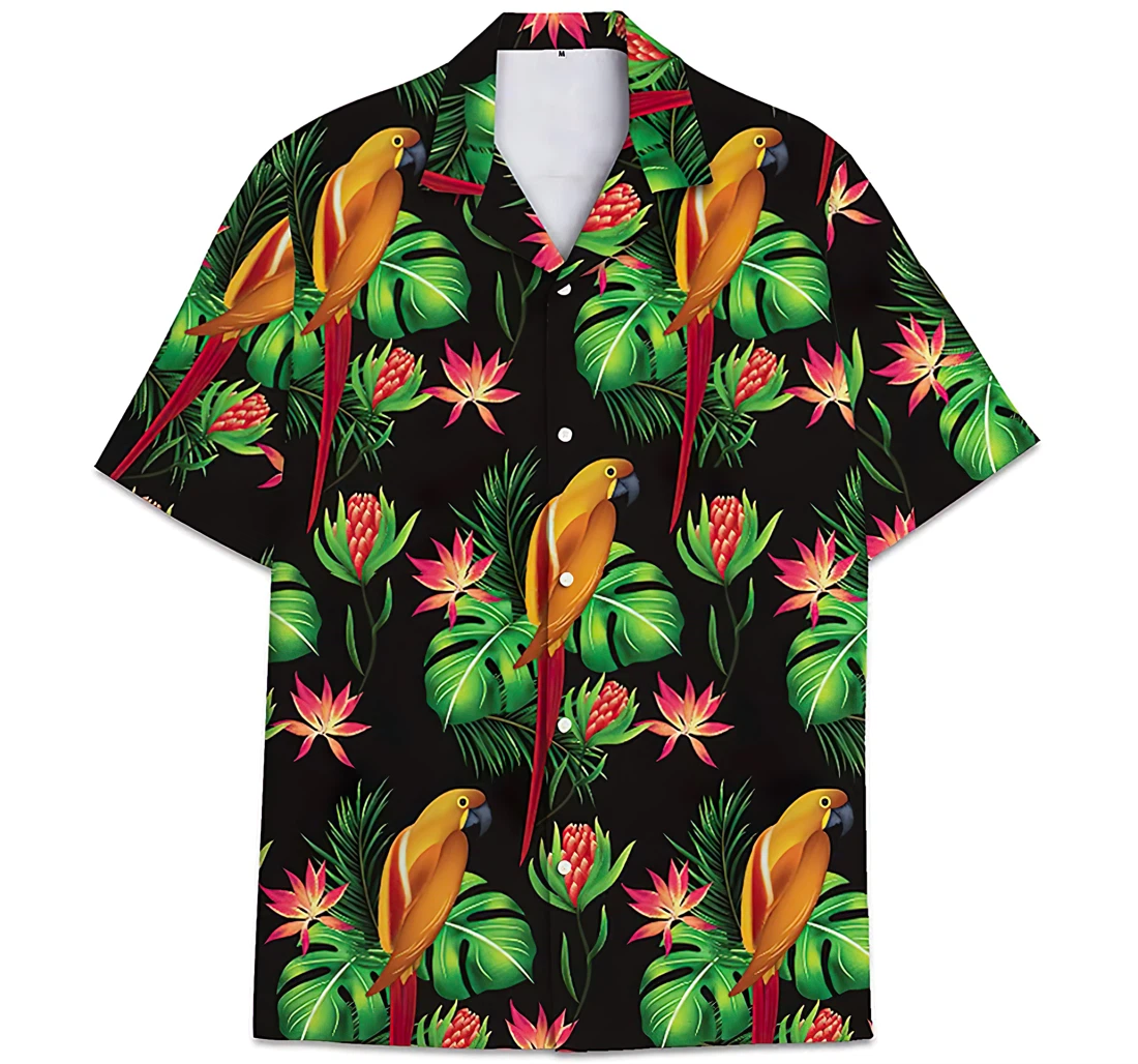 Strelitzia Reginae Pattern Parrot Monstera Leaves Hawaiian Shirt, Button Up Aloha Shirt For Men, Women