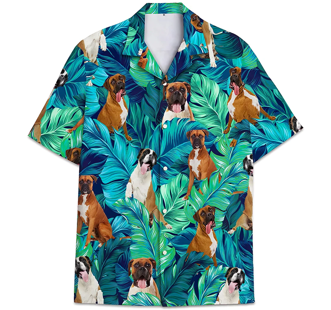 Personalized Boxer Dog Face Pattern Leaves Hawaiian Shirt, Button Up Aloha Shirt For Men, Women