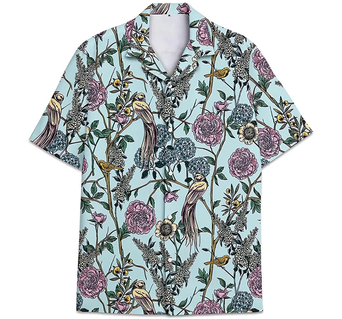 Personalized Bird Hydrangea Sun Flower Leaves Pattern Hawaiian Shirt, Button Up Aloha Shirt For Men, Women