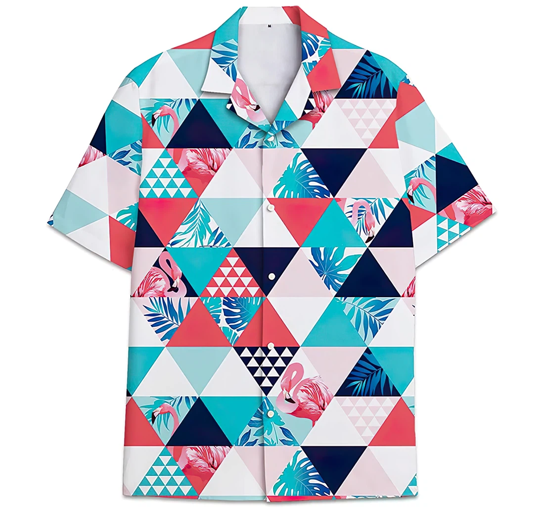 Personalized Geometric Pattern Flamingo Palm Leaves Hawaiian Shirt, Button Up Aloha Shirt For Men, Women