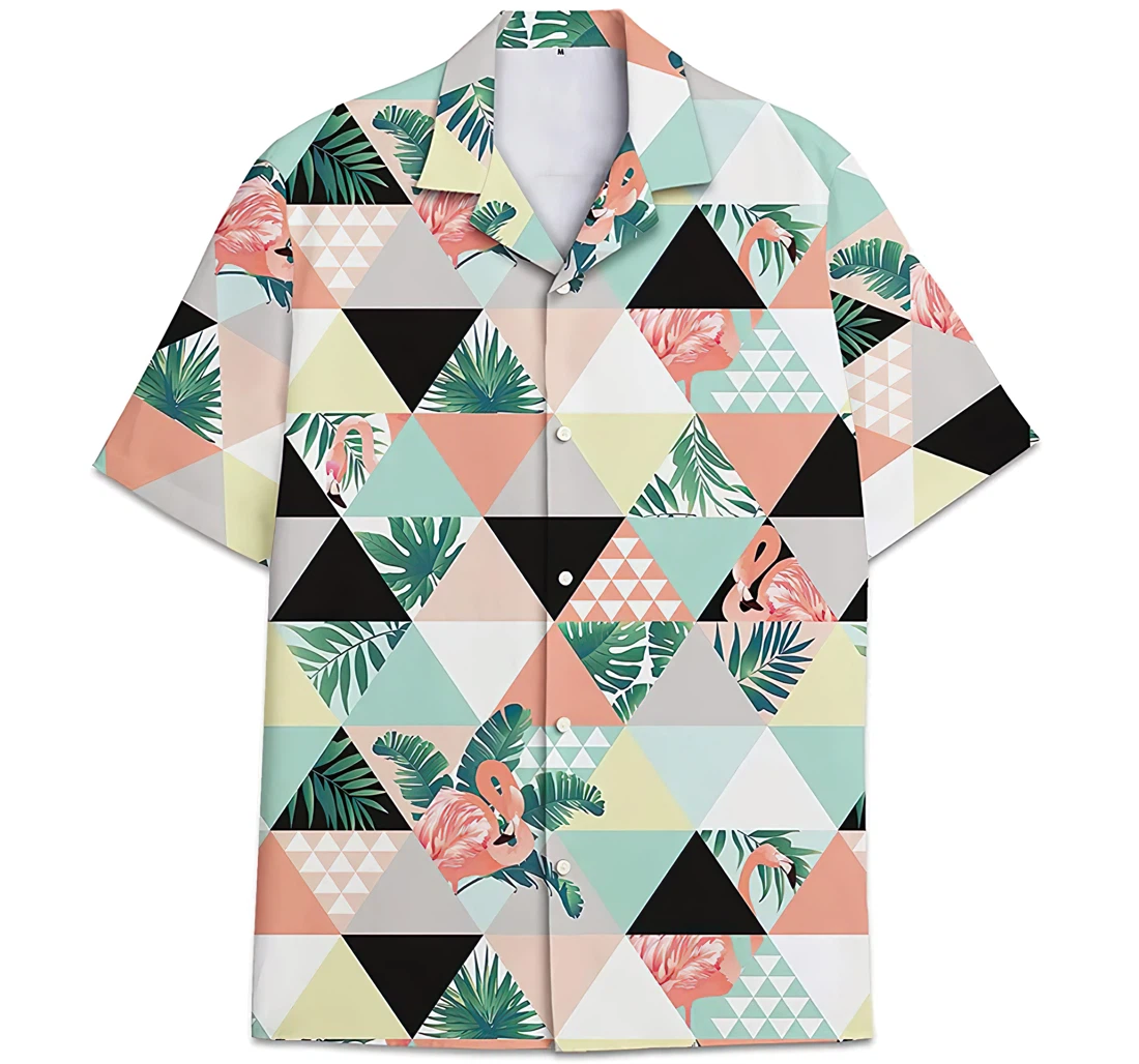 Personalized Geometric Pattern Flamingo Feather Fern Leavessmall Hawaiian Shirt, Button Up Aloha Shirt For Men, Women