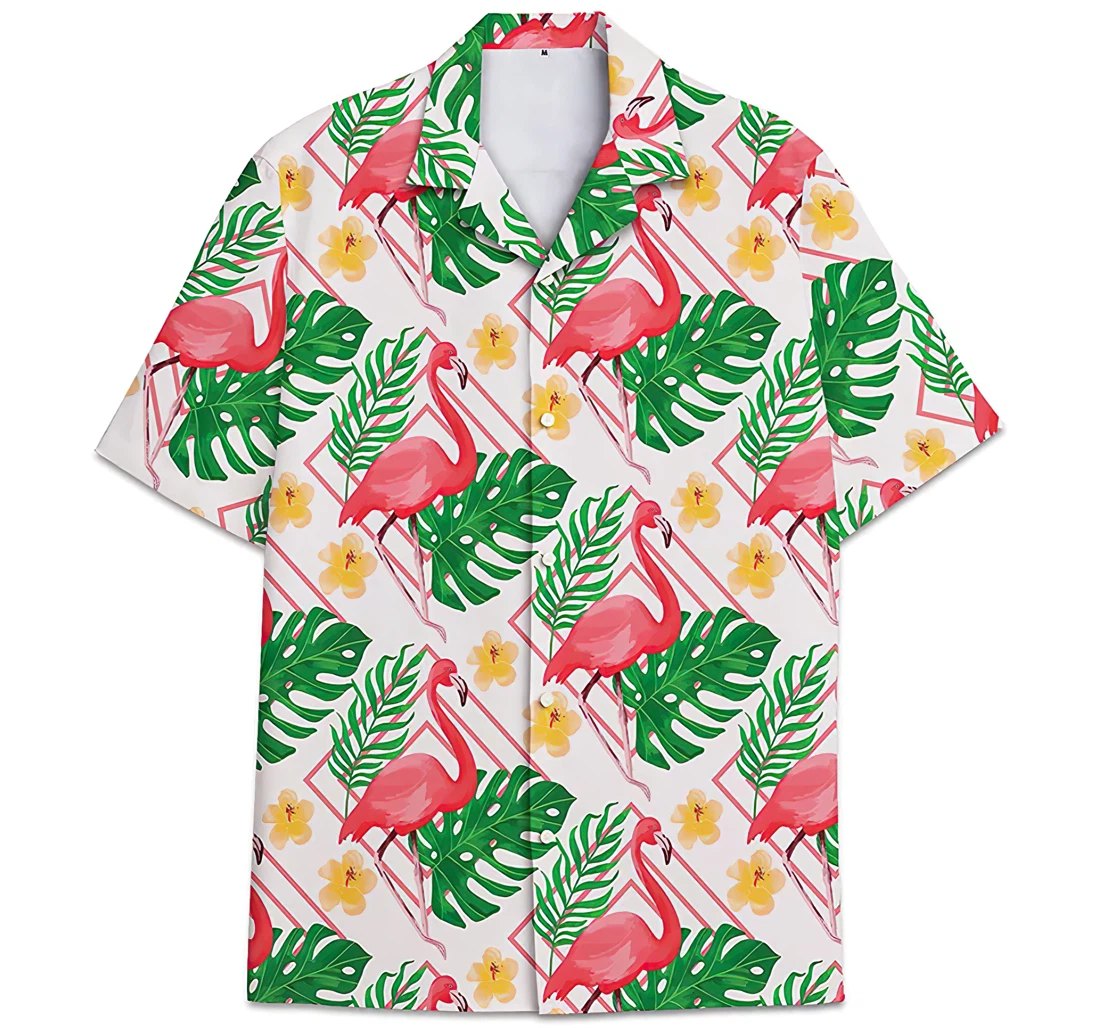 Personalized Flamingo Pattern Geometric Monstera Leaves Hawaiian Shirt, Button Up Aloha Shirt For Men, Women