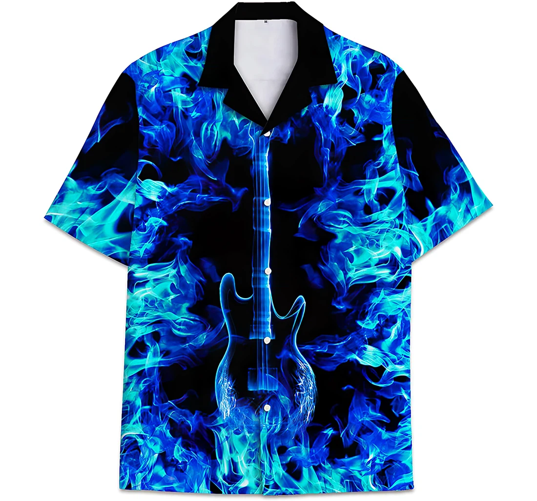 Personalized Electric Guitar Pattern Blue Flame Hawaiian Shirt, Button Up Aloha Shirt For Men, Women