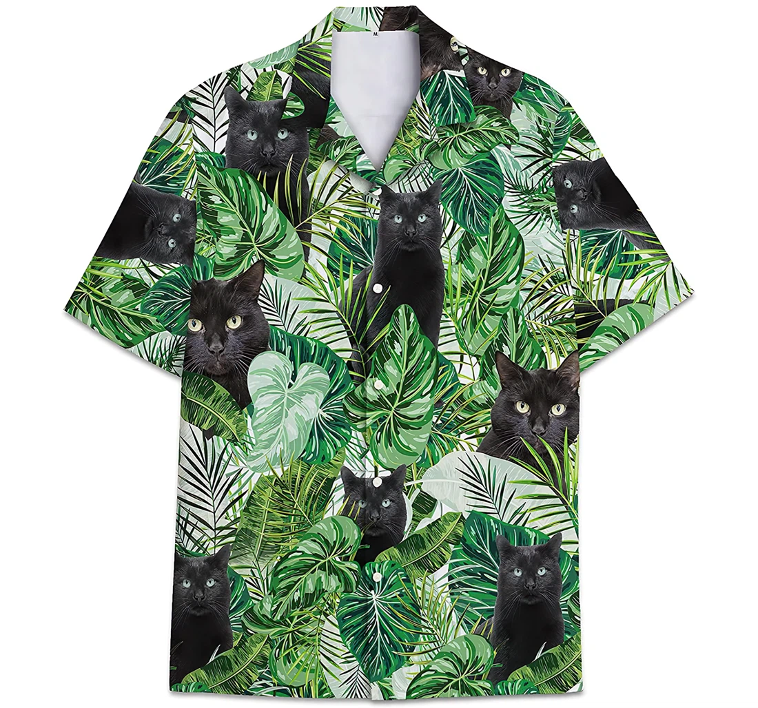 Personalized Black Cat Monstera Deliciosa Pattern Leaves Hawaiian Shirt, Button Up Aloha Shirt For Men, Women