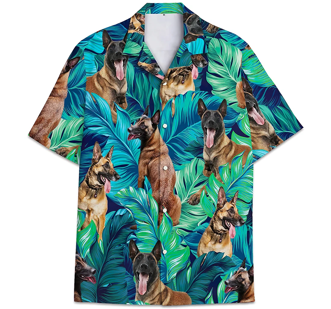 Personalized Malinois Dog Face Pattern Leaves Hawaiian Shirt, Button Up Aloha Shirt For Men, Women