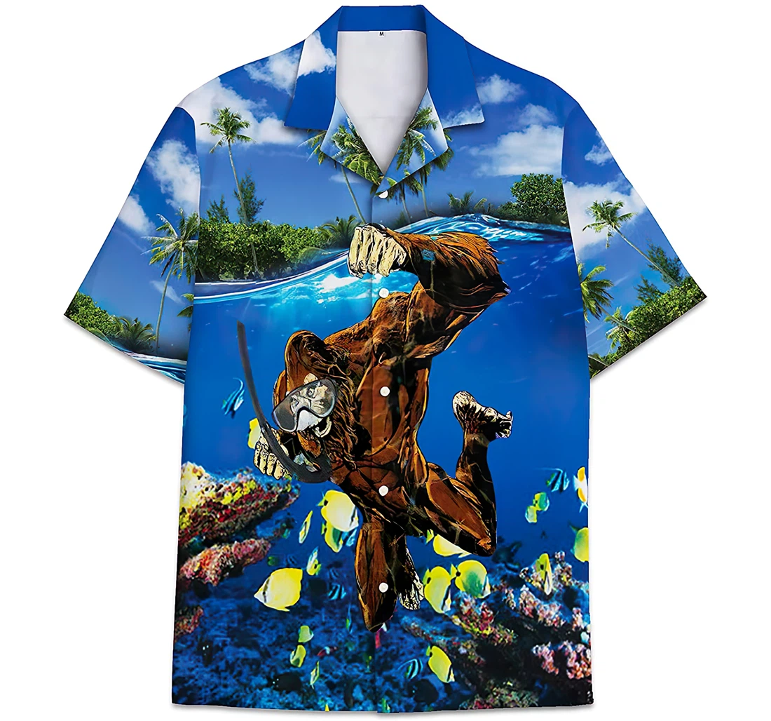 Personalized Bigfoot Scuba Diving Pattern Hawaiian Shirt, Button Up Aloha Shirt For Men, Women