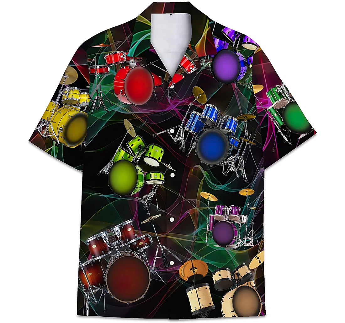 Personalized Neon Colorful Drum Sets Pattern Hawaiian Shirt, Button Up Aloha Shirt For Men, Women