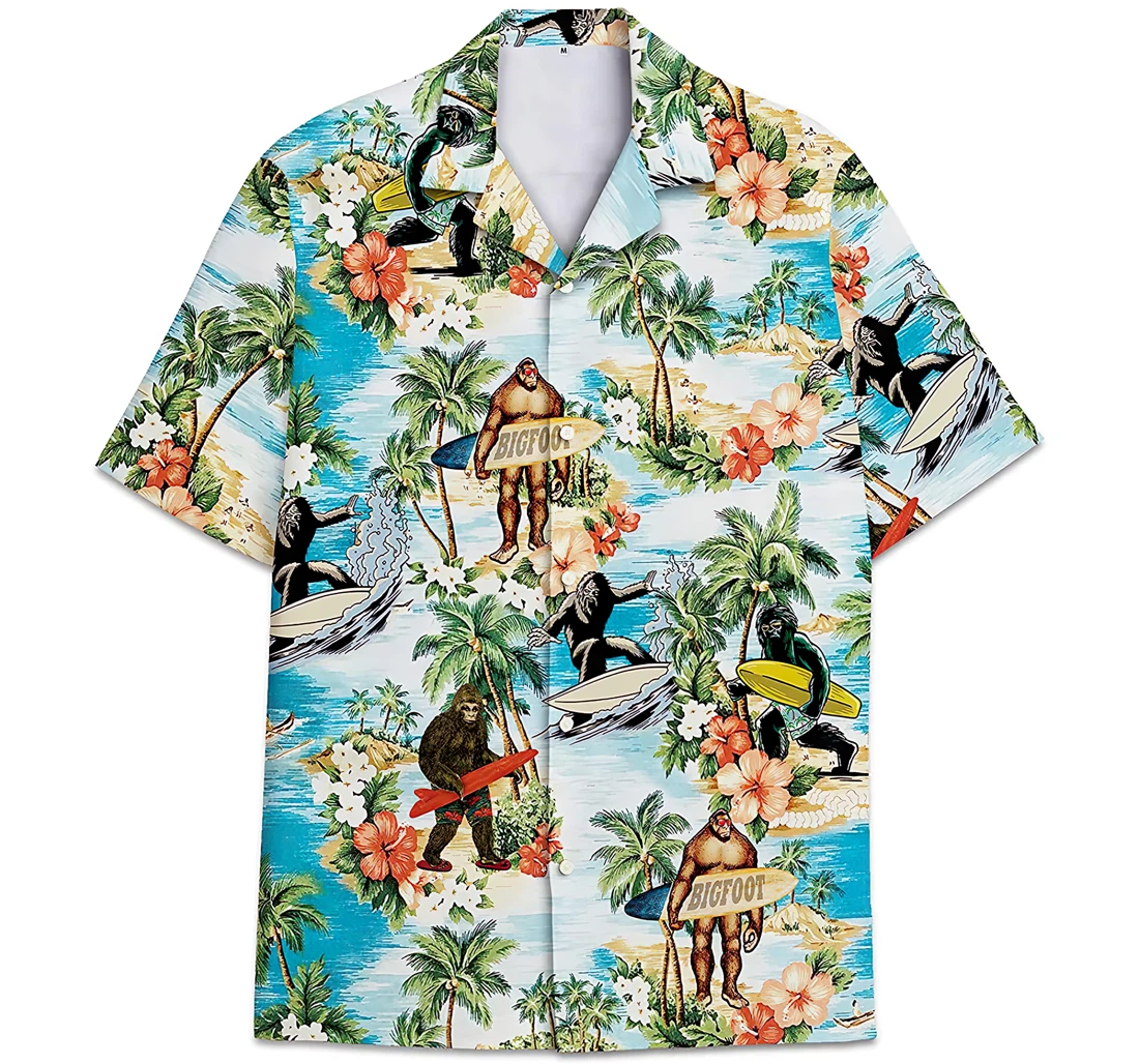 Personalized Bigfoot Surfing On The Beach Pattern Hawaiian Shirt, Button Up Aloha Shirt For Men, Women