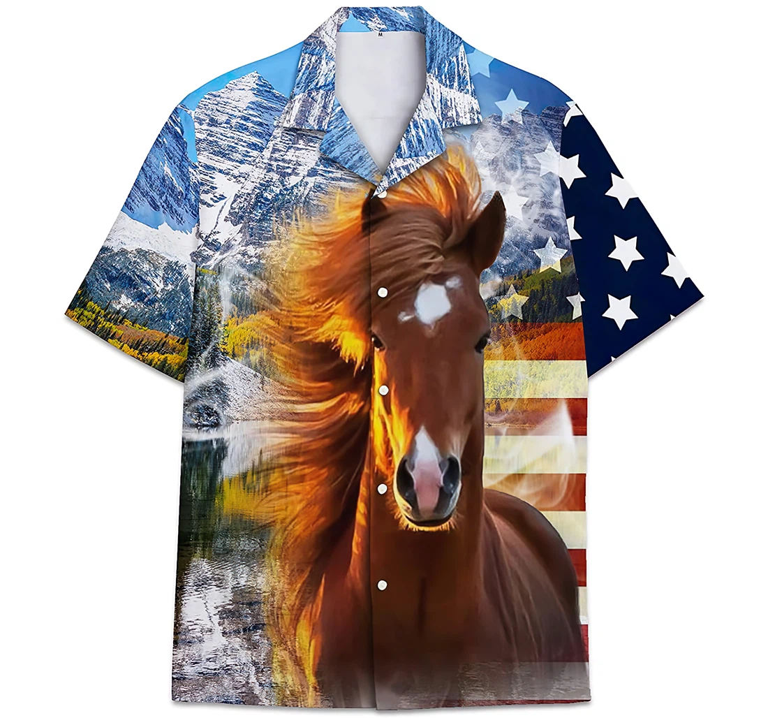 Personalized Horse Face U.s American Flag Pattern Hawaiian Shirt, Button Up Aloha Shirt For Men, Women