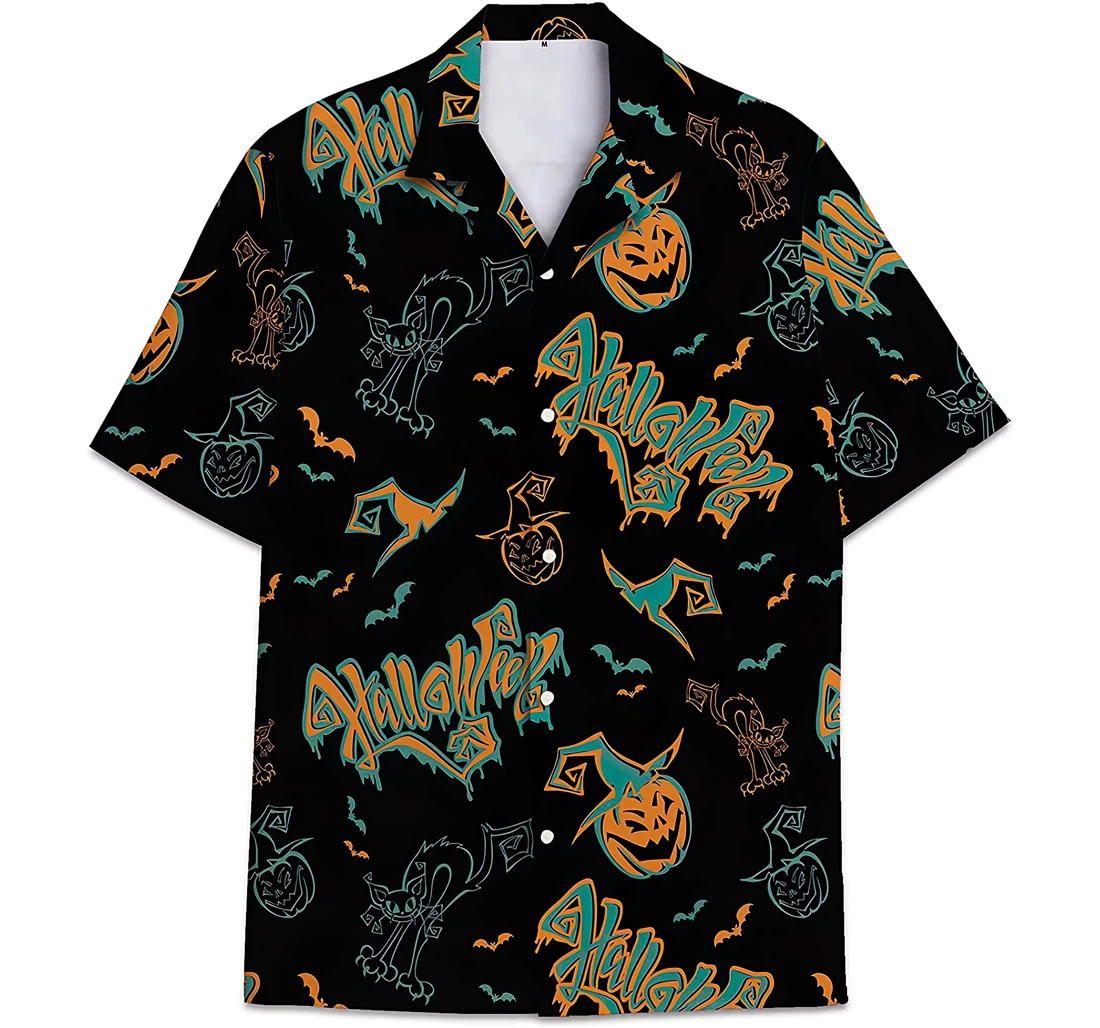 Personalized Halloween Pattern Cat Pumpkin Witch Hat Hawaiian Shirt, Button Up Aloha Shirt For Men, Women