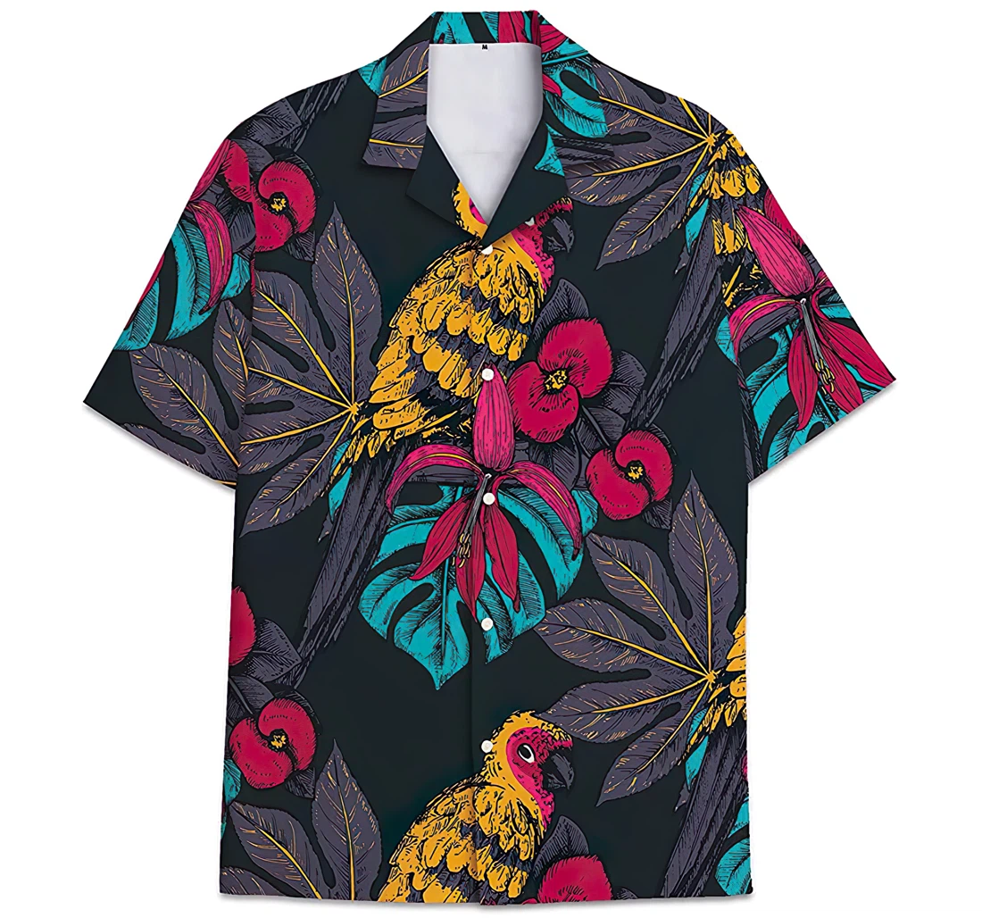 Personalized Colorful Parrot Pattern Monstera Leaves Hawaiian Shirt, Button Up Aloha Shirt For Men, Women