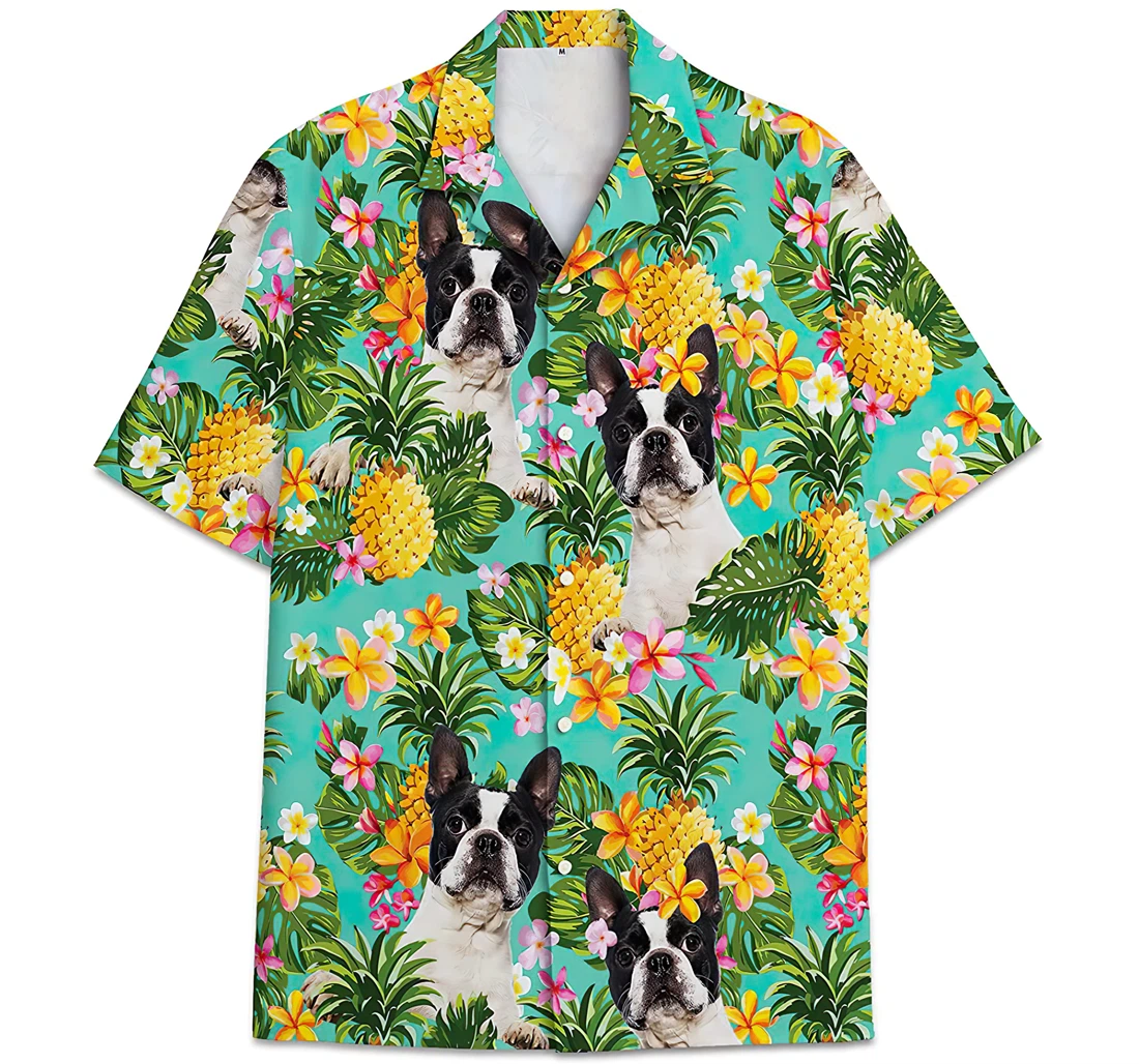 Personalized Boston Terrier Dog Face Pineapple Pattern Leaves Hawaiian Shirt, Button Up Aloha Shirt For Men, Women