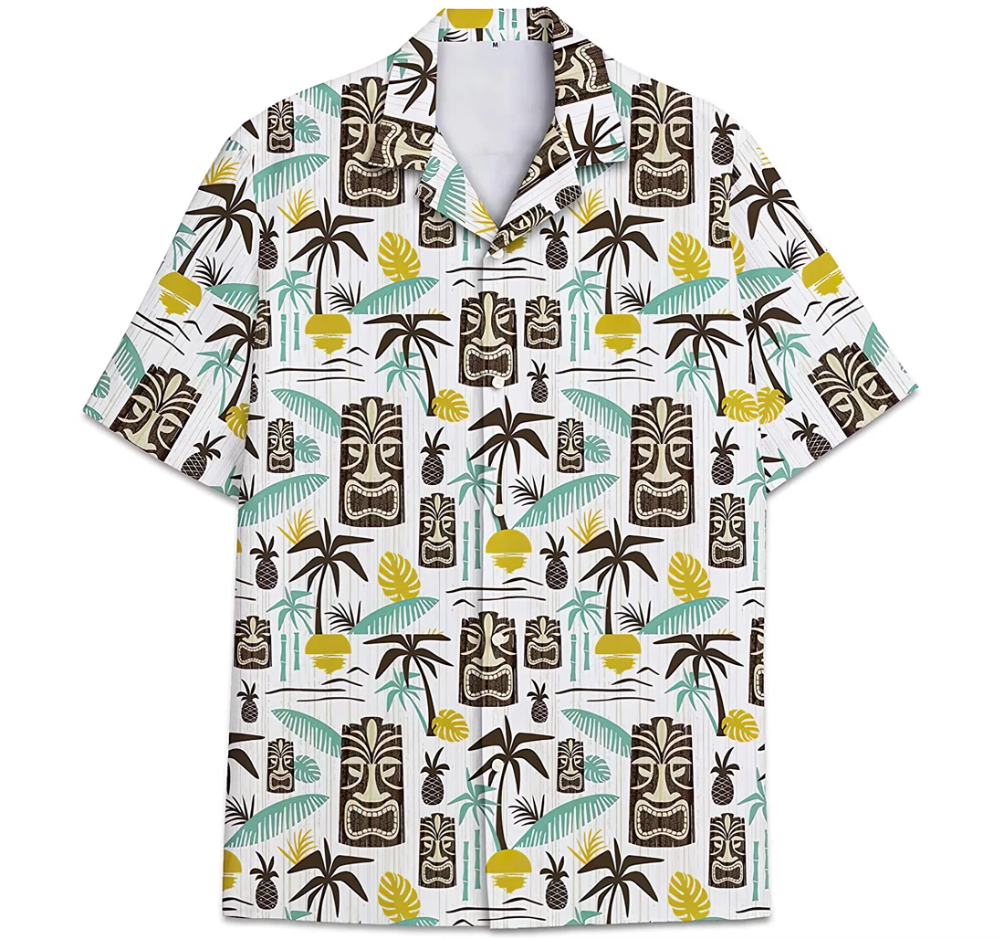 Personalized Tribal Tiki Mask Palm Tree Pattern Hawaiian Shirt, Button Up Aloha Shirt For Men, Women