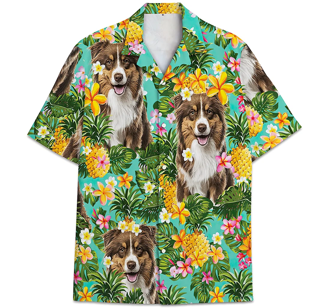 Personalized Australian Shepherd Dog Face Pattern Pineapple Hawaiian Shirt, Button Up Aloha Shirt For Men, Women
