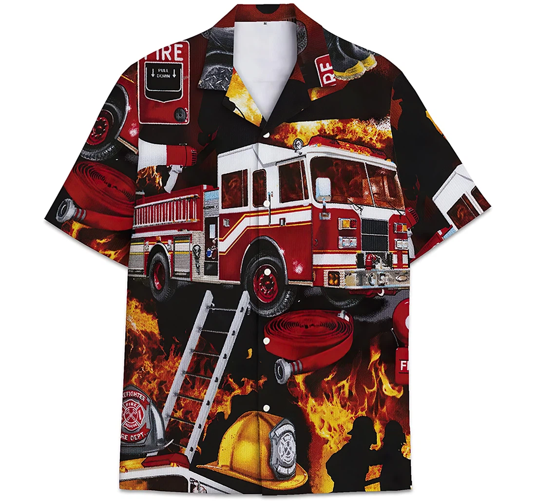 Personalized Fire Engine Truck Pattern Firefighter Hawaiian Shirt, Button Up Aloha Shirt For Men, Women