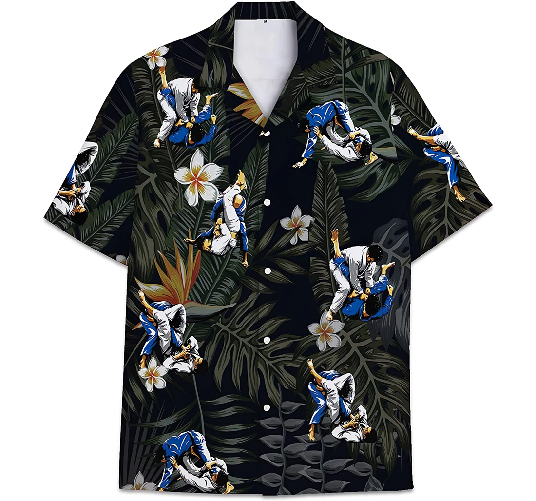 Personalized Jiu Jitsu Sports Pattern Leaves Hawaiian Shirt, Button Up Aloha Shirt For Men, Women