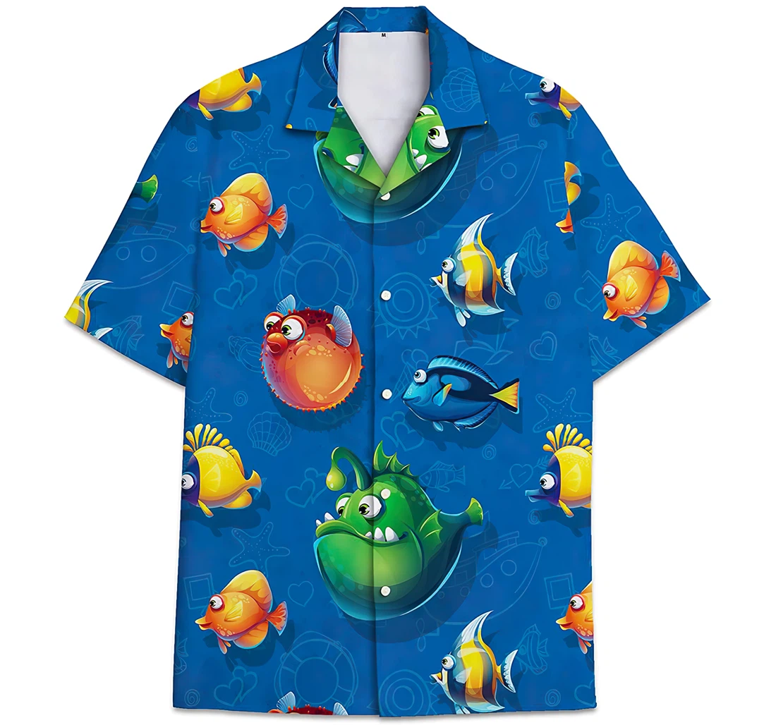 Personalized Deep Sea Fish Pattern Colorful Cute Cartoon Fish Hawaiian Shirt, Button Up Aloha Shirt For Men, Women