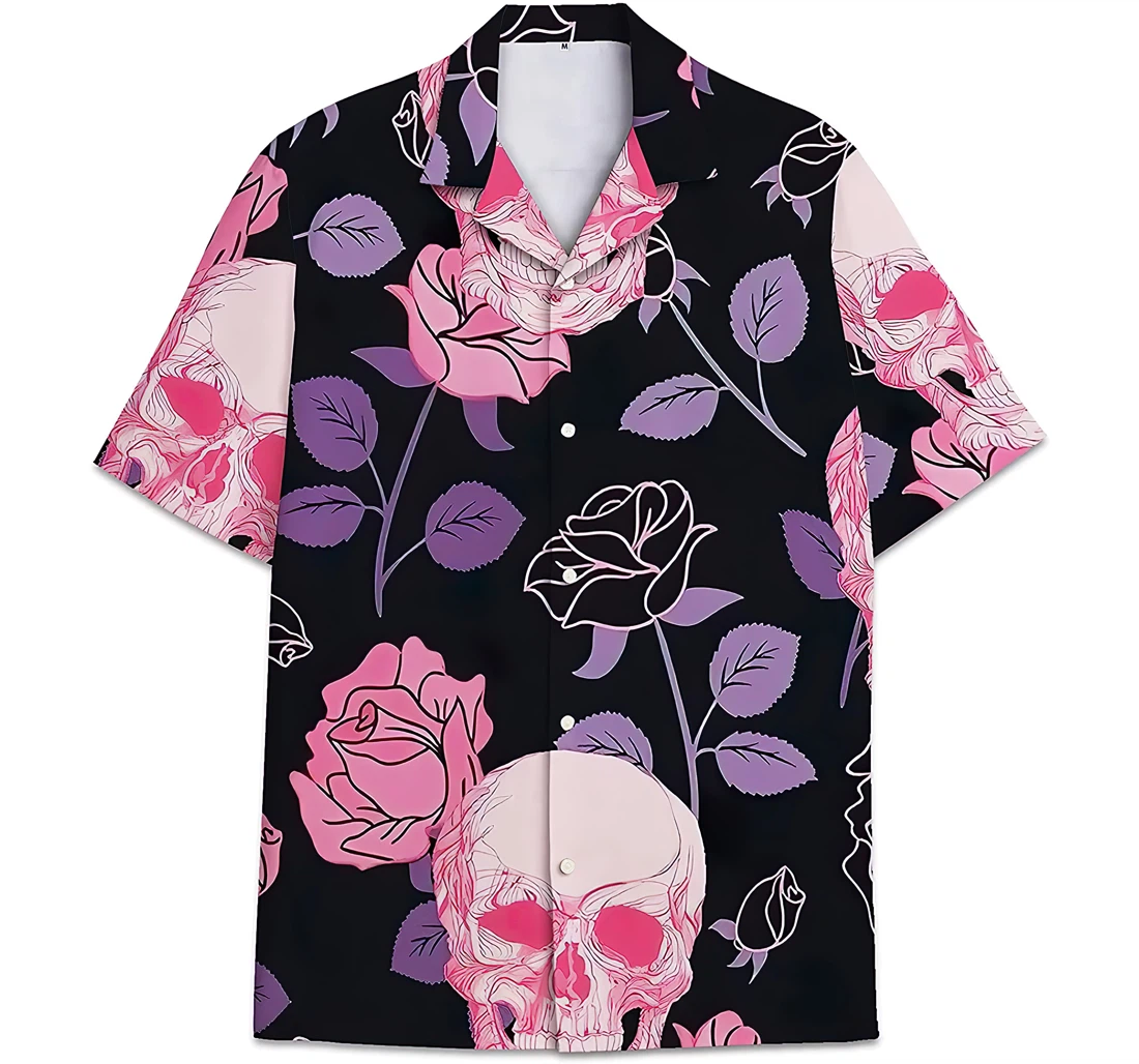 Personalized Rose Pink Skull Pattern Leaves Hawaiian Shirt, Button Up Aloha Shirt For Men, Women