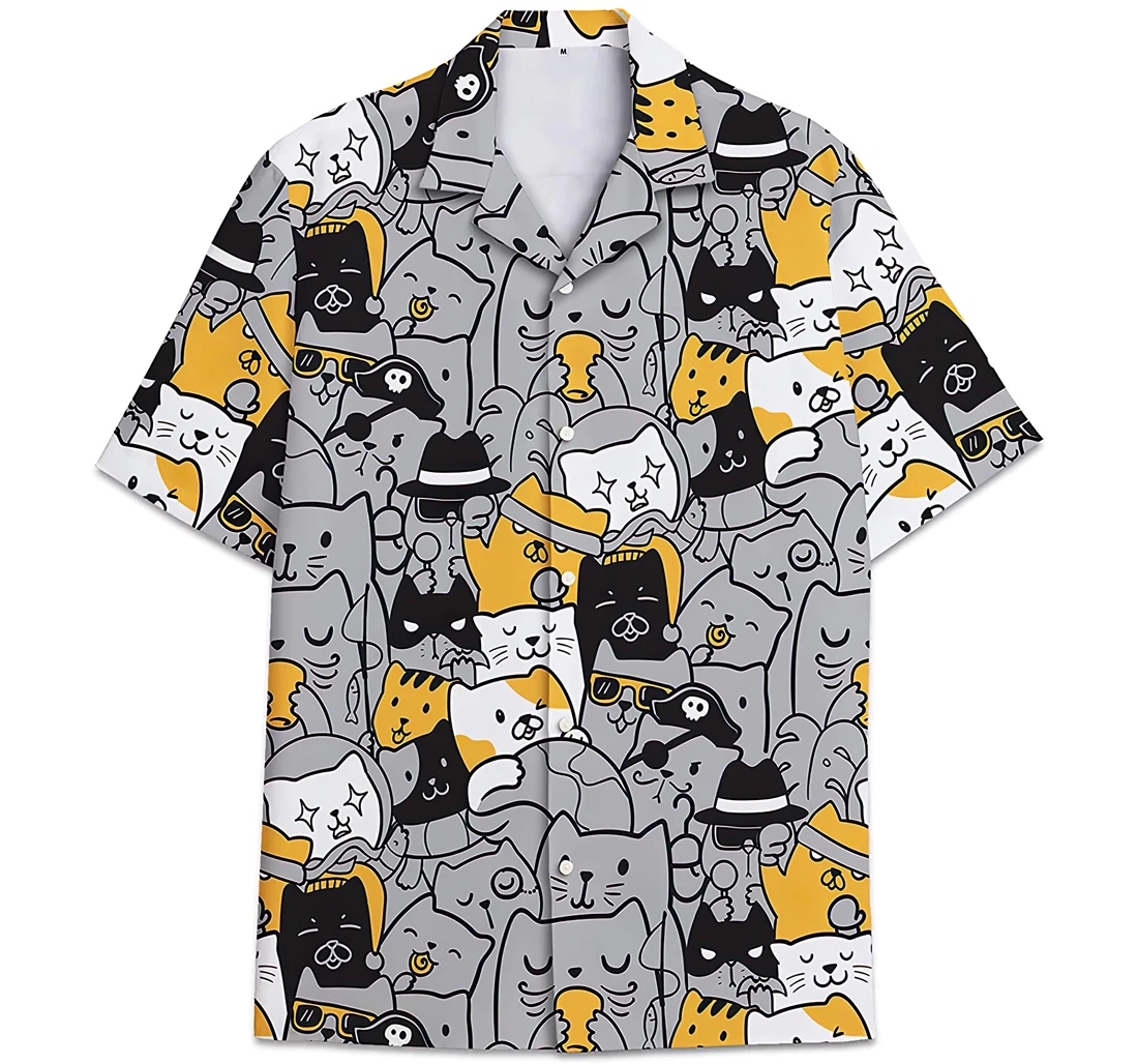 Personalized Cartoon Cat And Dog Pattern Hawaiian Shirt, Button Up Aloha Shirt For Men, Women