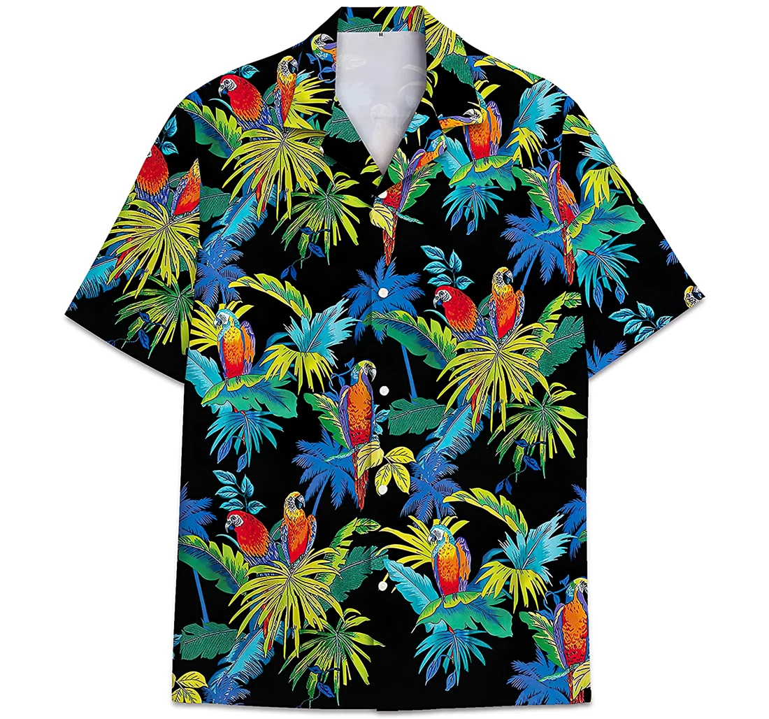 Personalized Parrot Colorful Pattern Leaves Hawaiian Shirt, Button Up Aloha Shirt For Men, Women