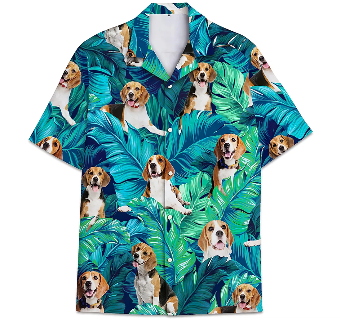 Personalized Beagle Dog Face Pattern Leaves Hawaiian Shirt, Button Up Aloha Shirt For Men, Women