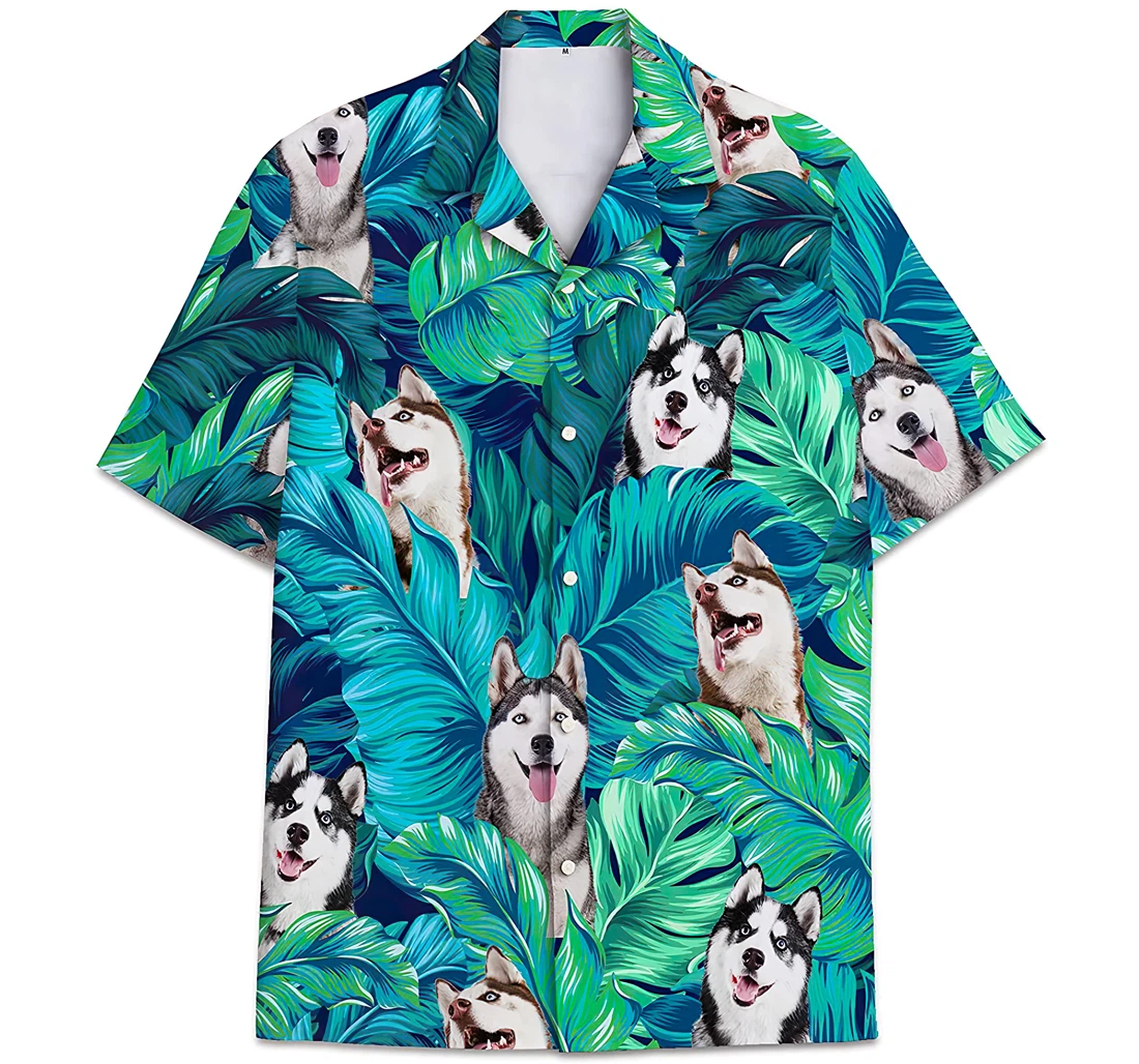 Personalized Husky Dog Face Pattern Leaves Hawaiian Shirt, Button Up Aloha Shirt For Men, Women