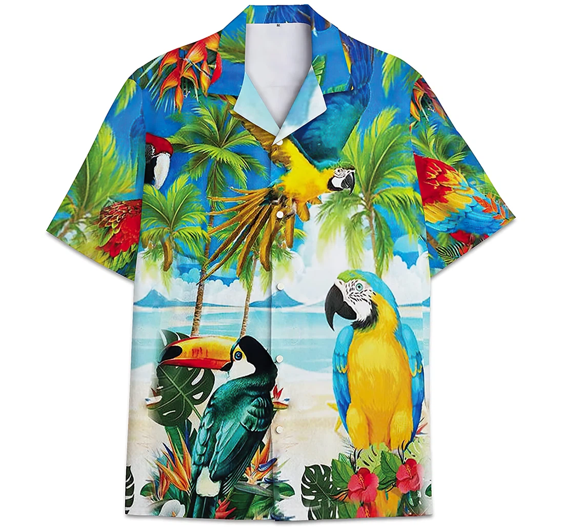 Personalized Parrot Coconut Trees Pattern Beach Hawaiian Shirt, Button Up Aloha Shirt For Men, Women