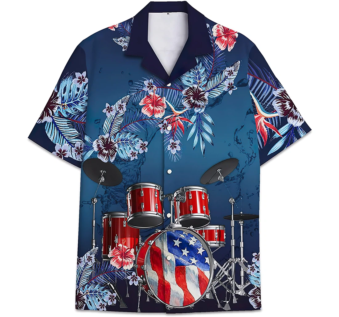 Personalized American Flags Drum Sets Pattern Leaves Hawaiian Shirt, Button Up Aloha Shirt For Men, Women