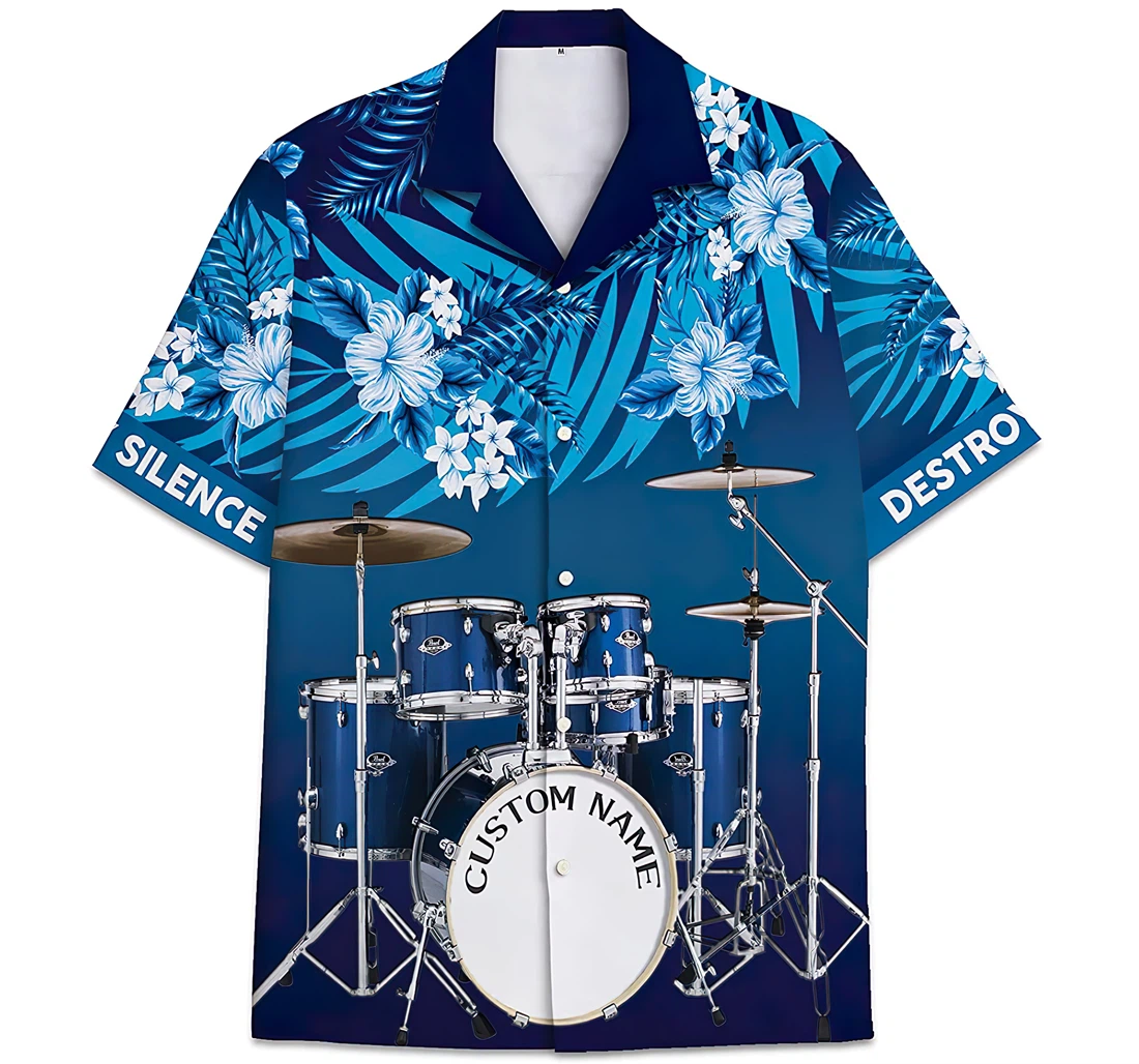 Personalized Custom Name Trust Me I Am Drummer Silence Destroyer Pattern Leaves Hawaiian Shirt, Button Up Aloha Shirt For Men, Women