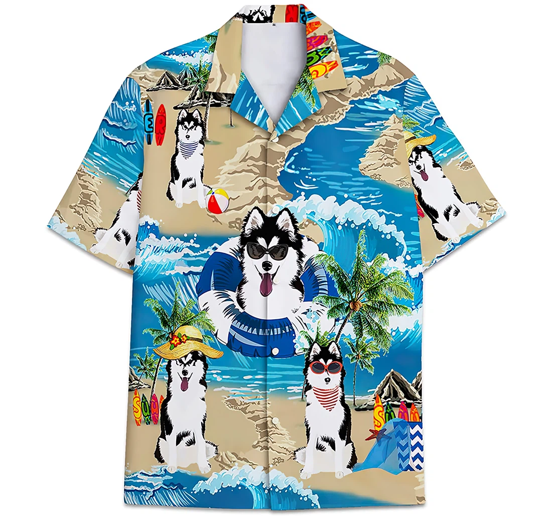 Personalized Husky Dog In The Beach Pattern Cartoon Hawaiian Shirt, Button Up Aloha Shirt For Men, Women