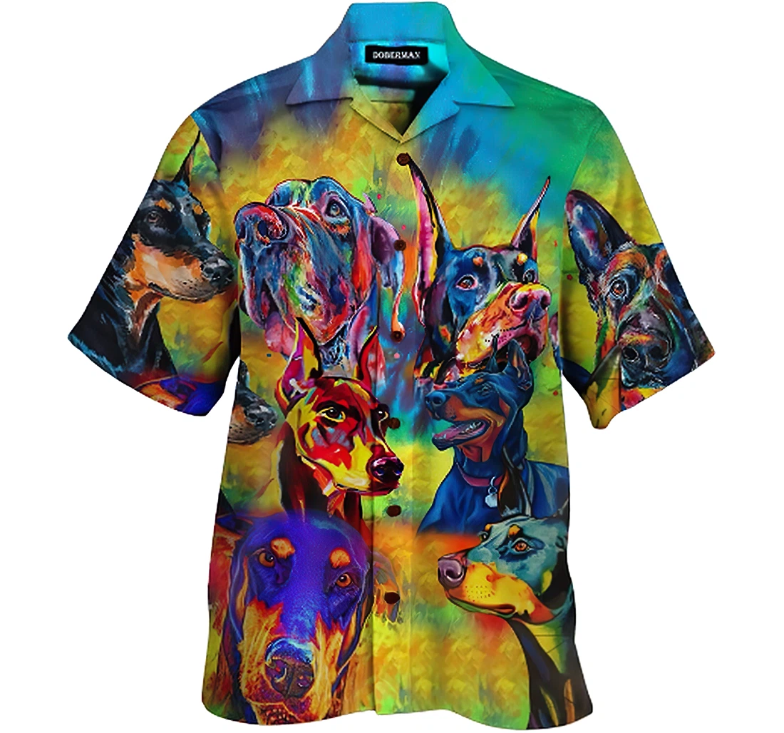 Personalized Doberman Colorful Soft Casual Hawaiian Shirt, Button Up Aloha Shirt For Men, Women