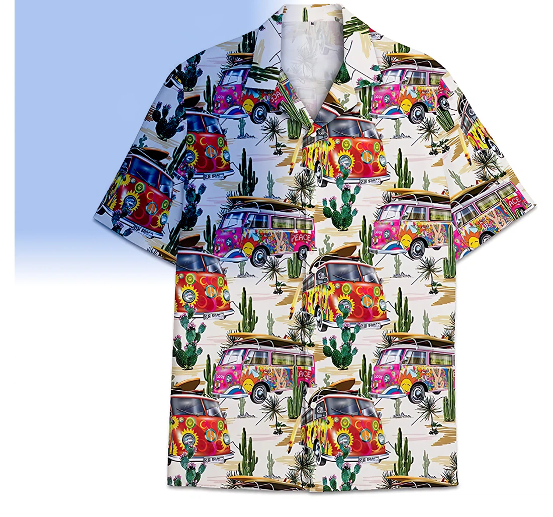 Personalized Hippie Cars Cactus Funny Beach Shirts Hawaiian Shirt, Button Up Aloha Shirt For Men, Women