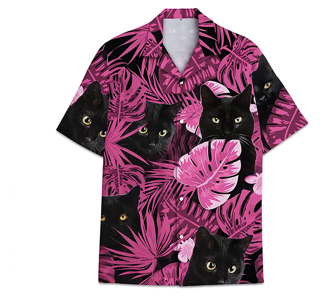 Personalized Black Cat Pink Funny Beach Shirts Hawaiian Shirt, Button Up Aloha Shirt For Men, Women