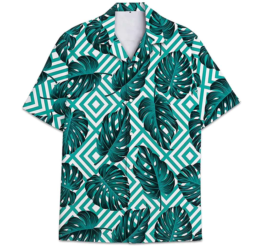 Personalized Geometric Green Monstera Leaves Hawaiian Shirt, Button Up Aloha Shirt For Men, Women