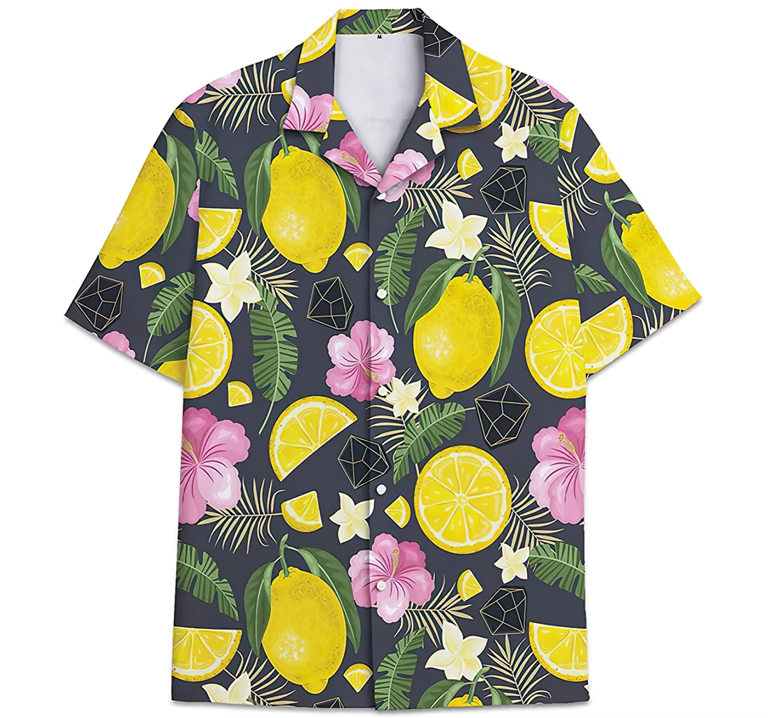 Personalized Hibiscus Flower Lemons Diamond Banana Leaves Hawaiian Shirt, Button Up Aloha Shirt For Men, Women