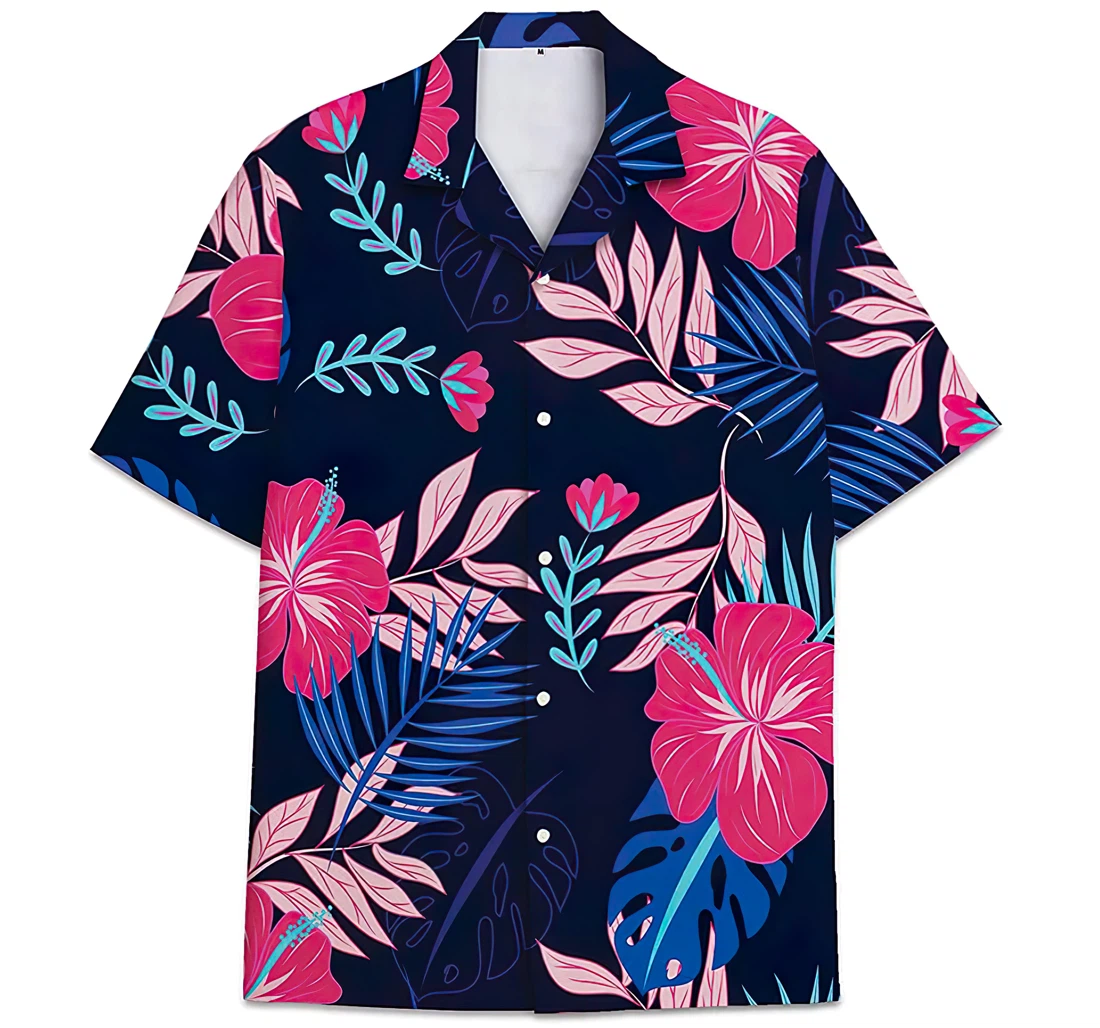 Personalized Hibiscus Flower Fern Areca Leaves Short Tall Hawaiian Shirt, Button Up Aloha Shirt For Men, Women