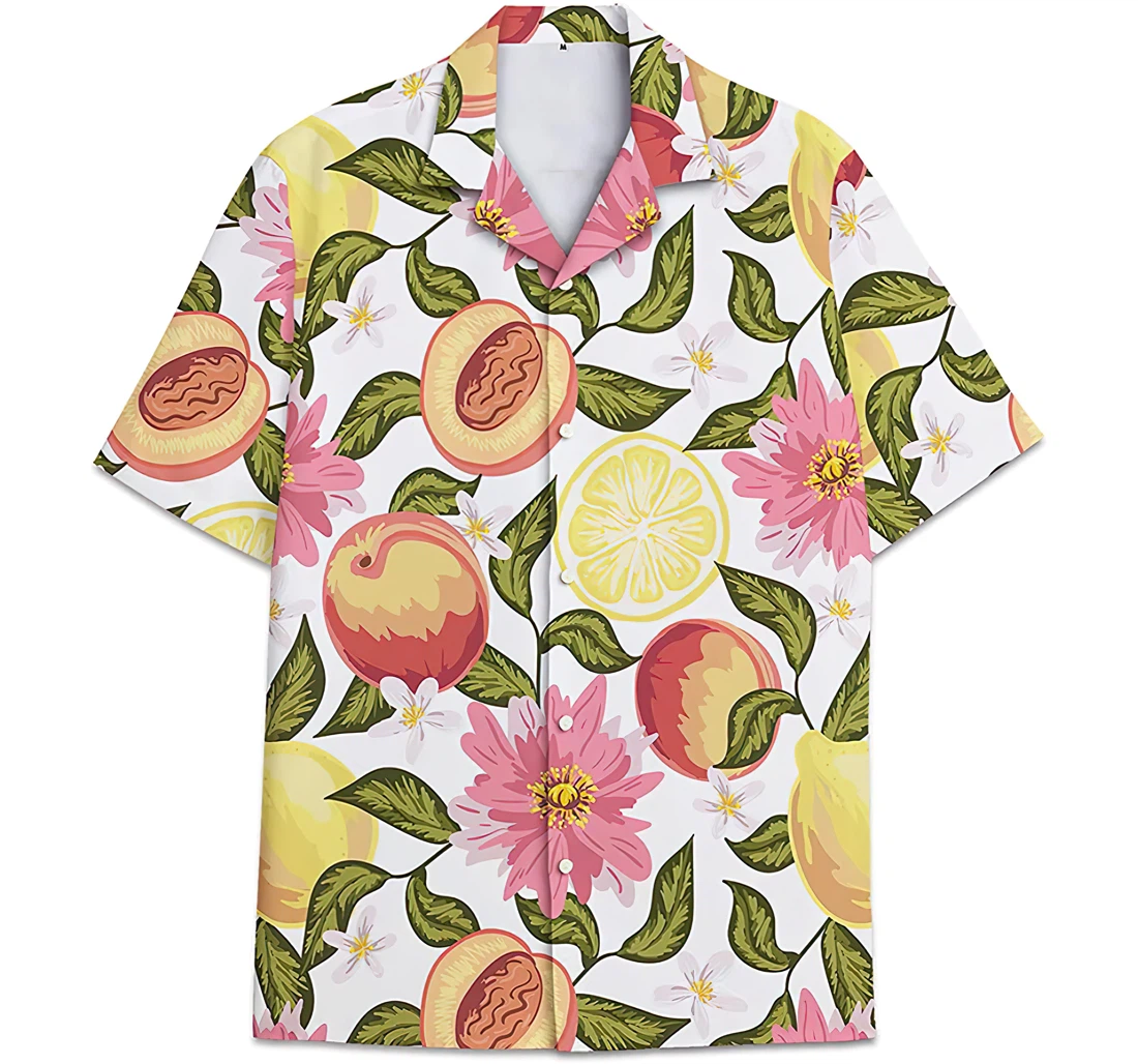Personalized Peaches Lemons Leaves Short Tall Hawaiian Shirt, Button Up Aloha Shirt For Men, Women
