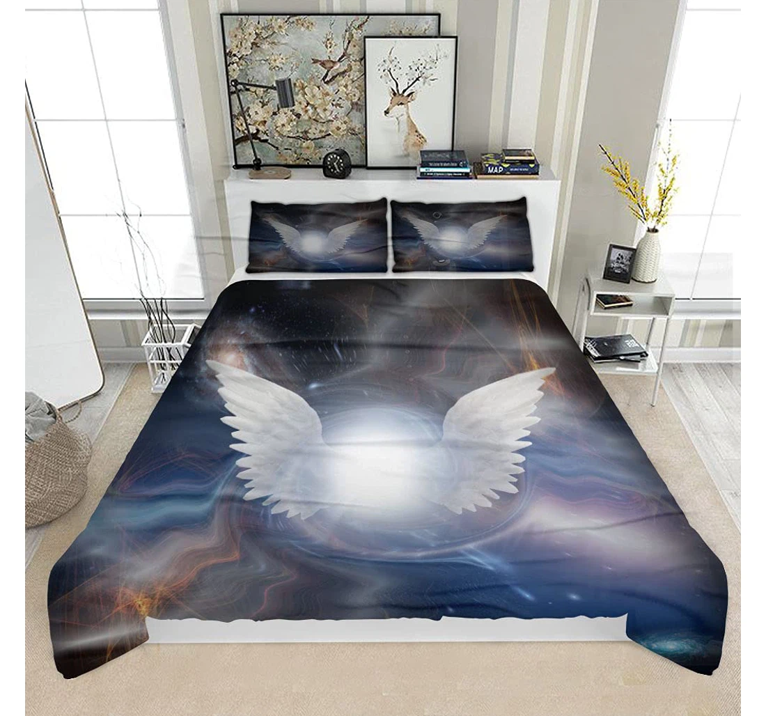 Bedding Set - Angels Wings Spiritual Composition Rendering Solf Included 1 Ultra Soft Duvet Cover or Quilt and 2 Lightweight Breathe Pillowcases