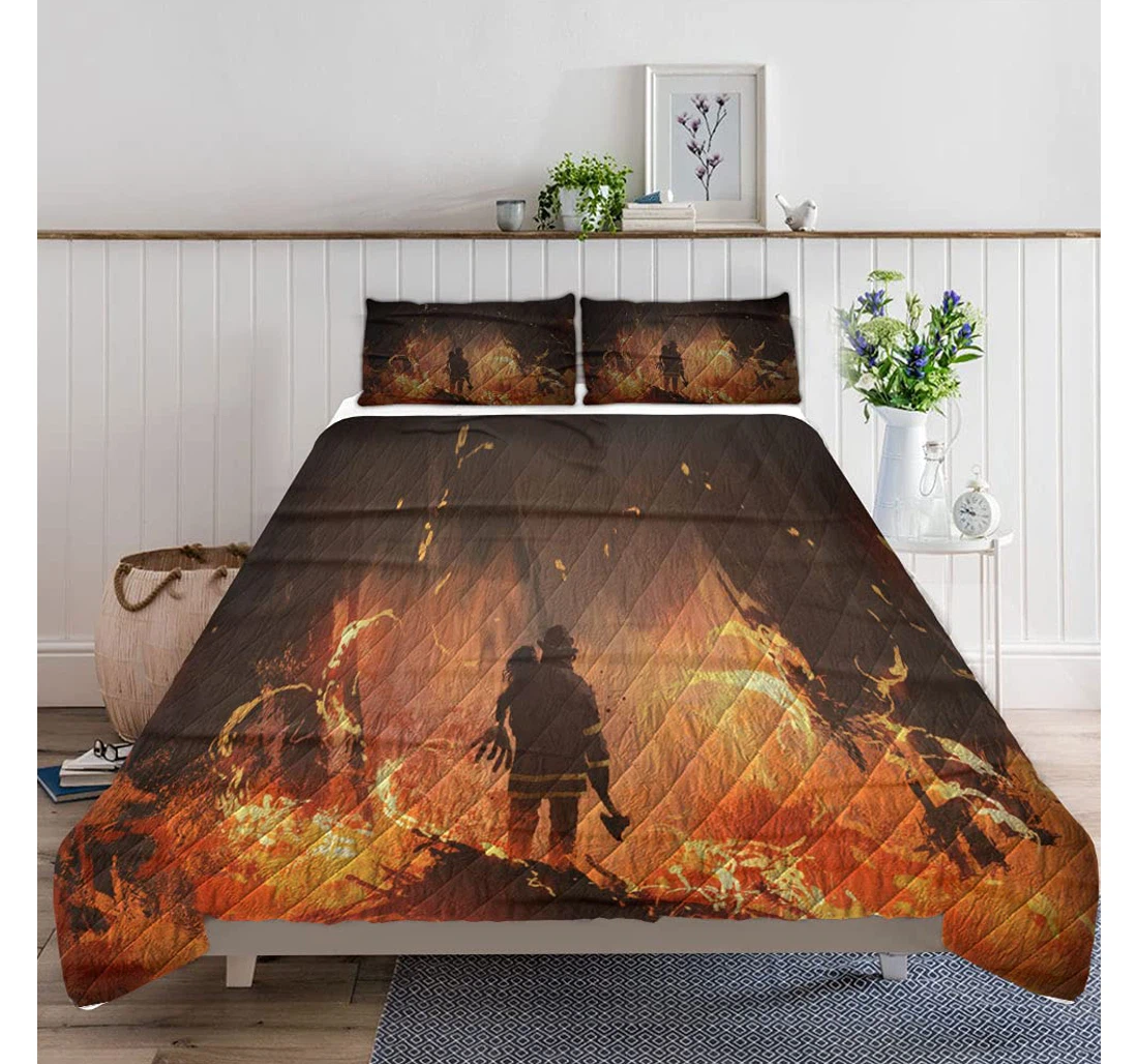 Bedding Set - Firefighter Holding Standing Burning Buildings Lightweight Quilts A Quilts Case Included 1 Ultra Soft Duvet Cover or Quilt and 2 Lightweight Breathe Pillowcases