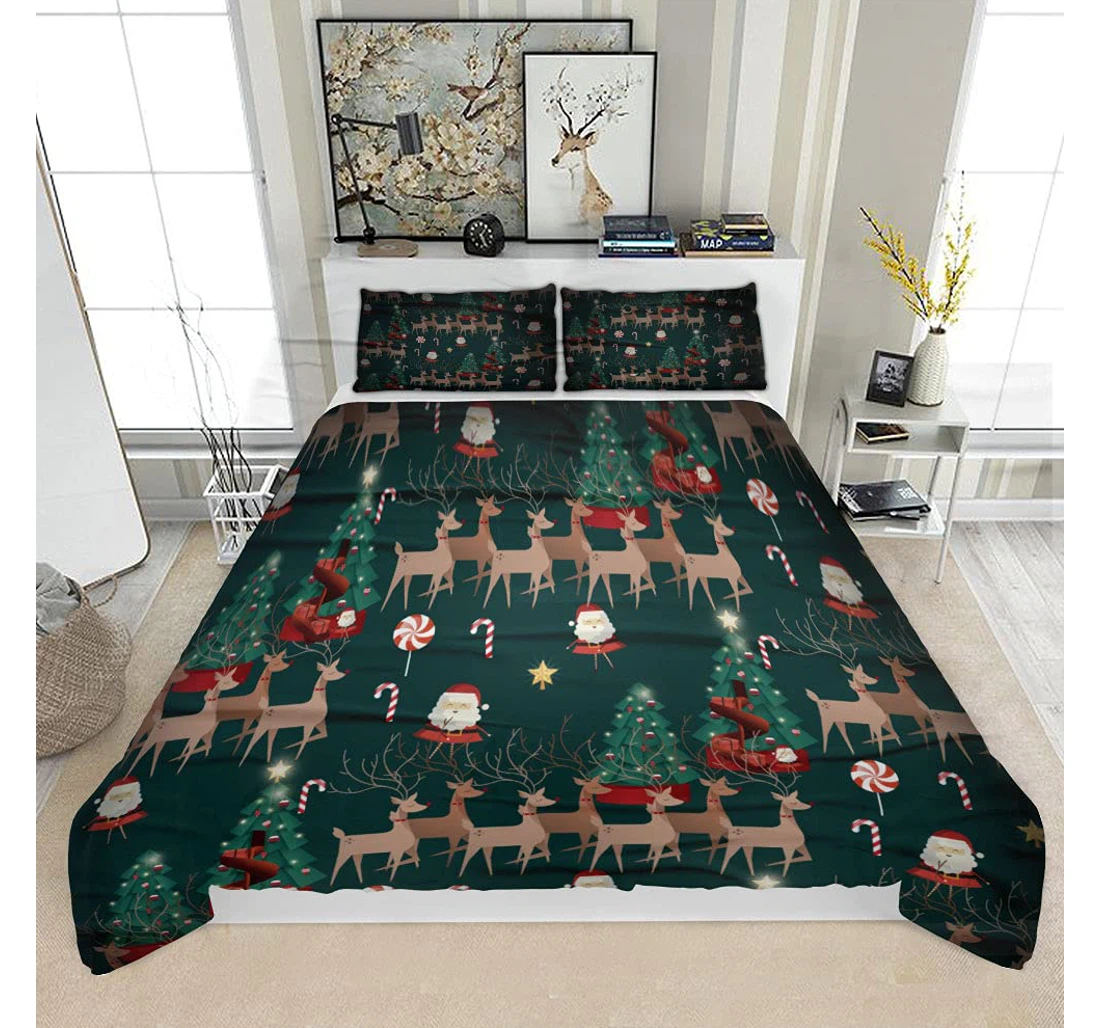 Bedding Set - Christmas Santa Claus Tree Deer Solf Included 1 Ultra Soft Duvet Cover or Quilt and 2 Lightweight Breathe Pillowcases