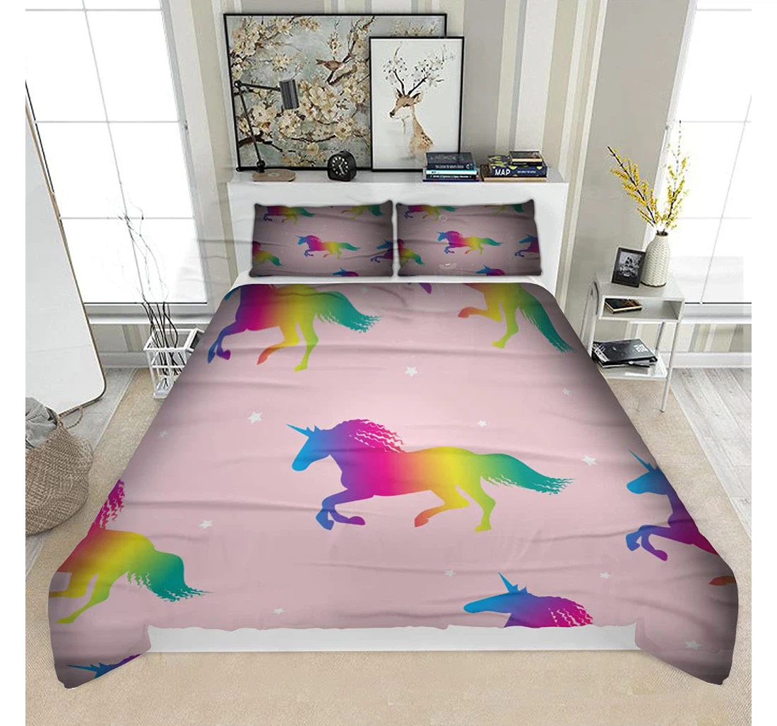 Bedding Set - Rainbow Unicorns On Pink Background Stars Solf Included 1 Ultra Soft Duvet Cover or Quilt and 2 Lightweight Breathe Pillowcases