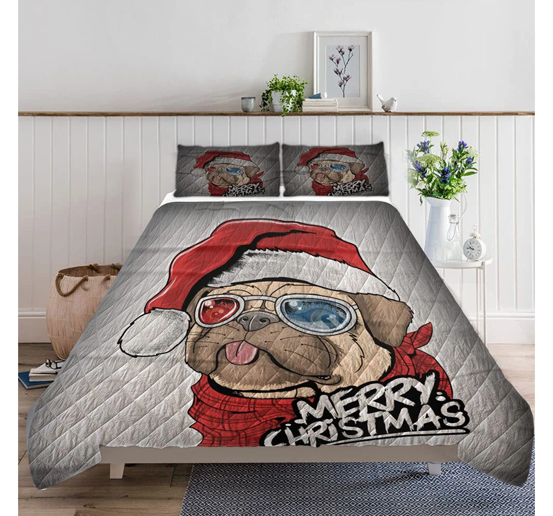 Bedding Set - Pug Puppy Dog Santa Claus Christmas Included 1 Ultra Soft Duvet Cover or Quilt and 2 Lightweight Breathe Pillowcases