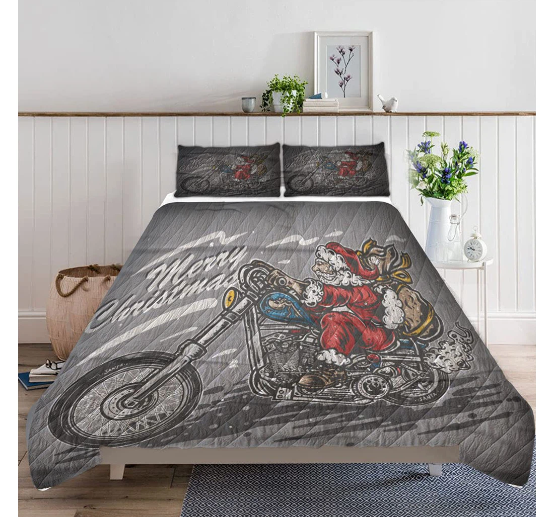 Bedding Set - Hand Drawing Santa Riding Chopper Christmas Included 1 Ultra Soft Duvet Cover or Quilt and 2 Lightweight Breathe Pillowcases