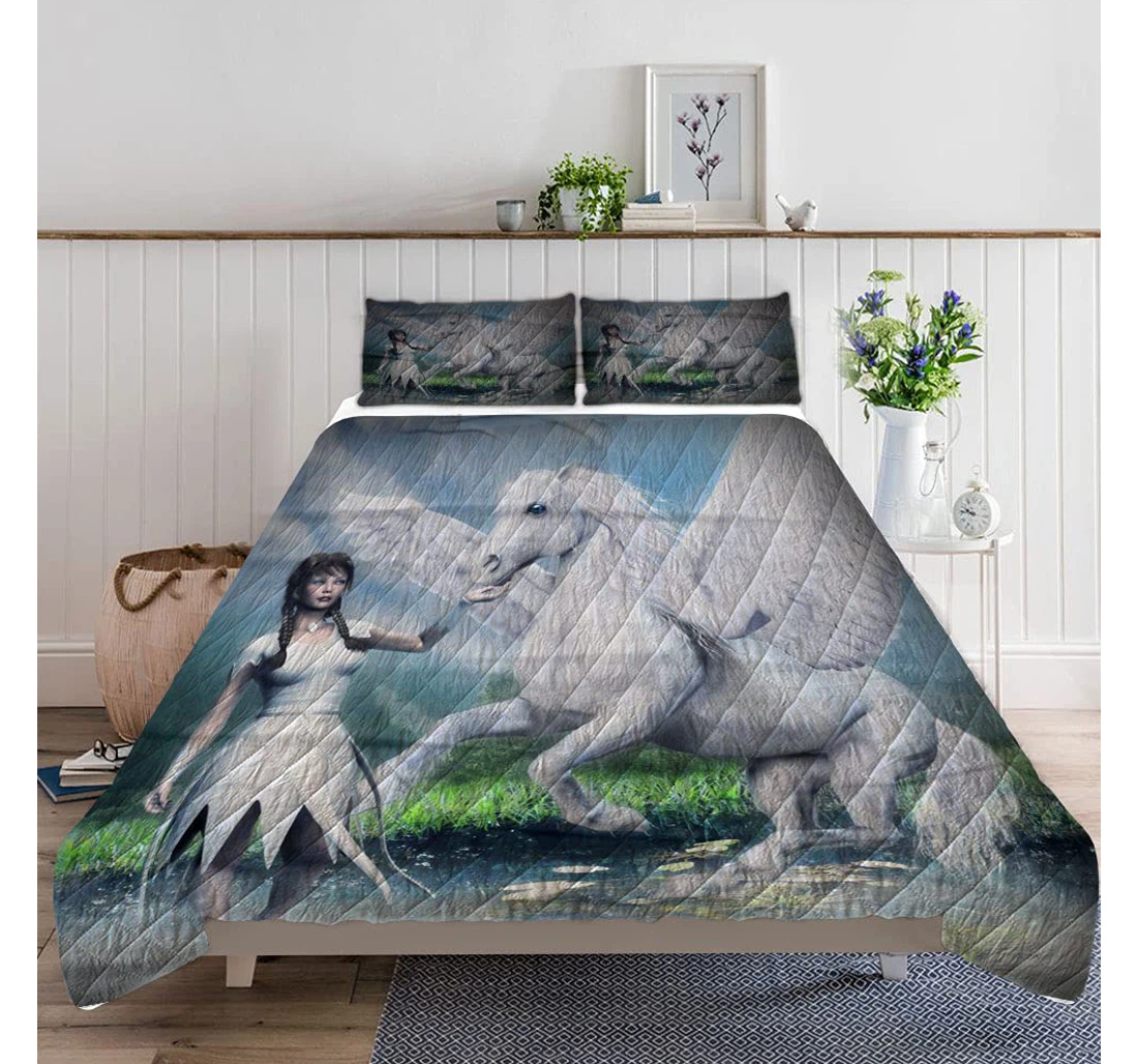 Bedding Set - Fantasy Scenery White Winged Horse Lightweight Quilts A Quilts Case Included 1 Ultra Soft Duvet Cover or Quilt and 2 Lightweight Breathe Pillowcases