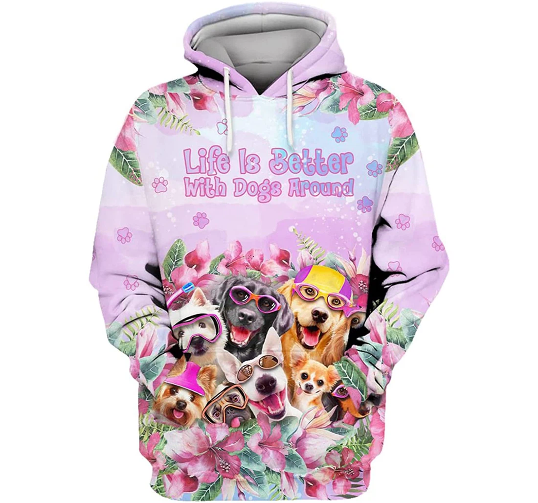 Life Is Better With Dogs Around Flowers Paw Sunglasses - 3D Printed Pullover Hoodie