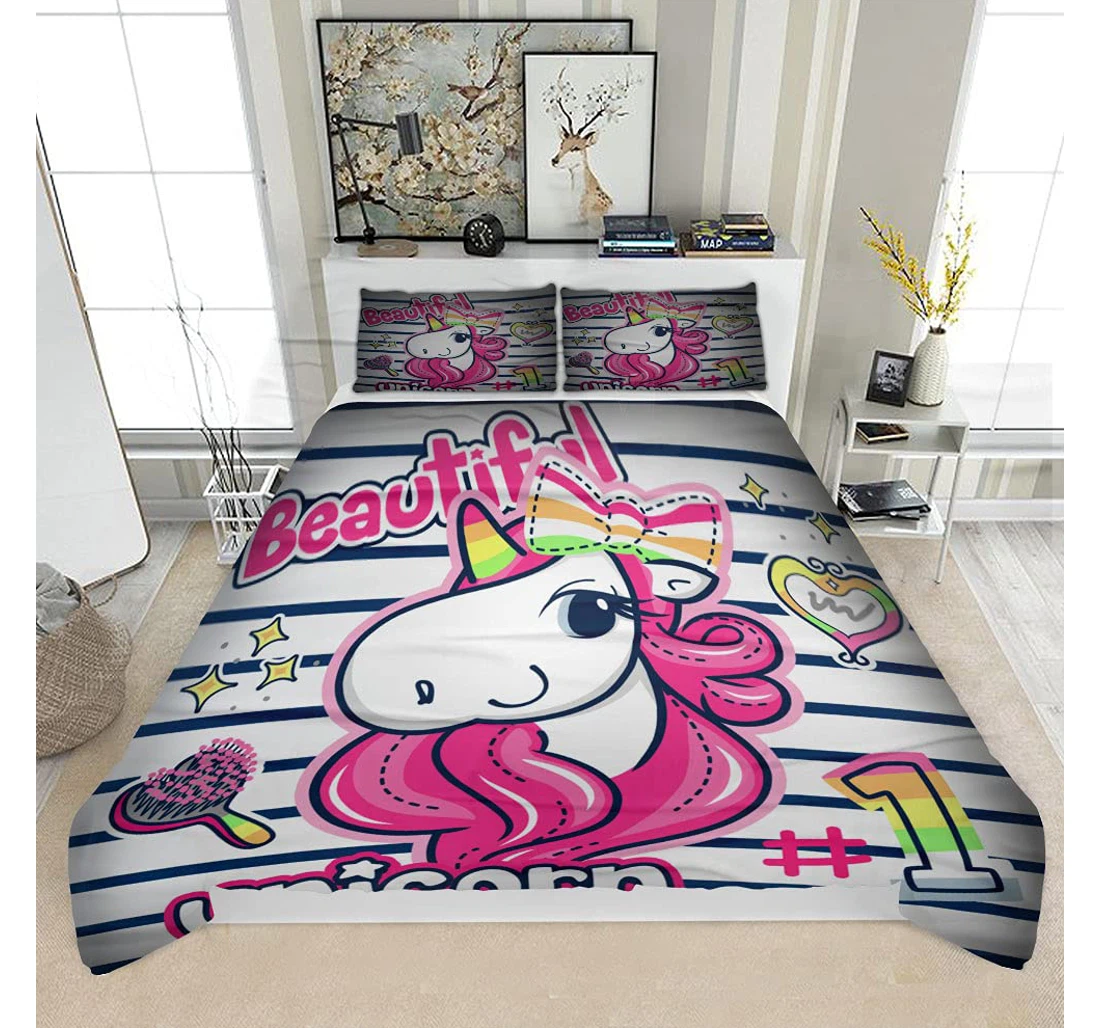 Personalized Bedding Set - Beautiful Unicorn Pink Hair Wearing Solf Included 1 Ultra Soft Duvet Cover or Quilt and 2 Lightweight Breathe Pillowcases